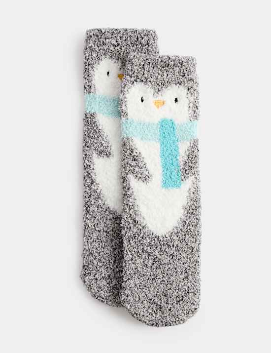 Calcetines zapatilla abrigados con estampado de ping&uuml;inos