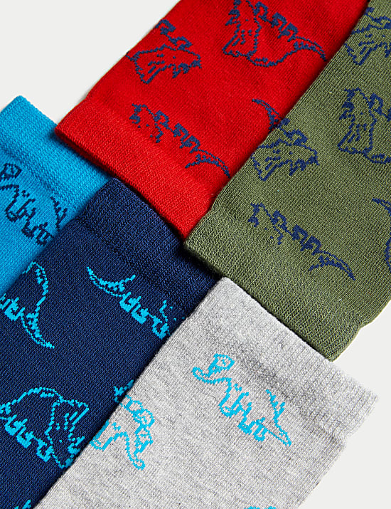 5pk Cotton Rich Dinosaur Socks (6 Small –7 Large)