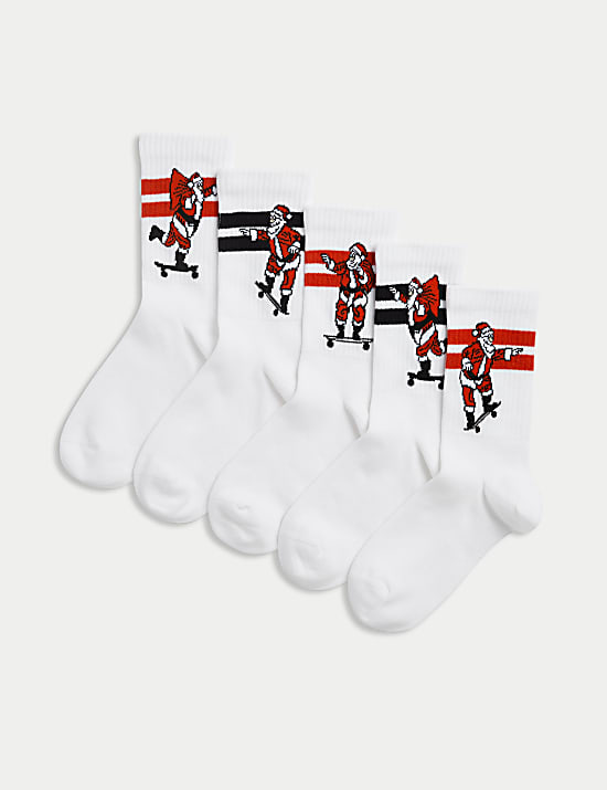 5pk Cotton Rich Christmas Santa Sports Socks (6 Small - 7 Large)