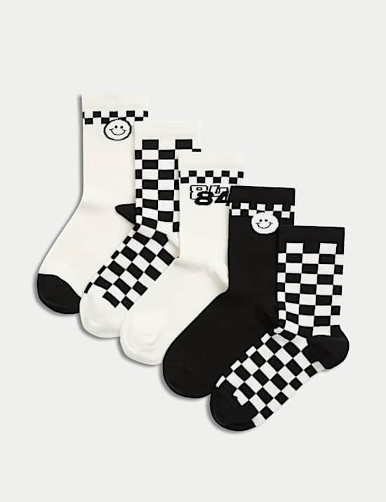 5pk Cotton Rich Checked & Be Happy Socks (6 Small - 7 Large)