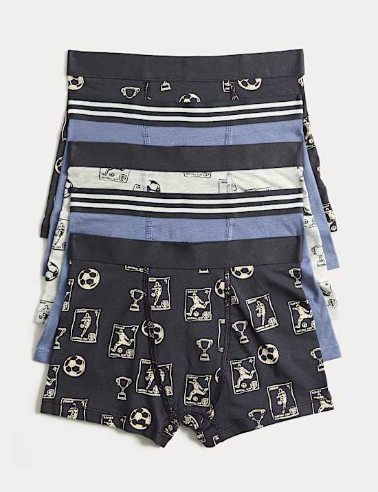 מארז 5 תחתוני בוקסר מבד עשיר בכותנה בהדפס כדורגל (5-&rlm;16 שנים)