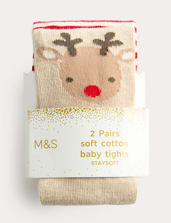 2 Pack Cotton Rich Reindeer Tights (0-3 Yrs)