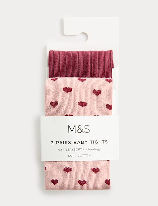 2pk Cotton Rich Pink Heart & Ribbed Tights (0-3 Yrs)