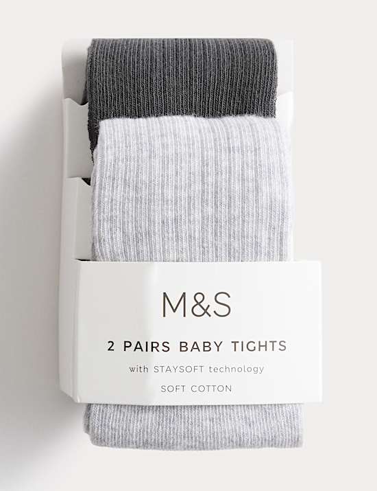 2pk Cotton Rich Ribbed Tights (0-3 Yrs)