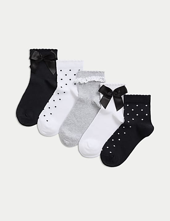 5pk Cotton Rich Bow & Lace Ankle Socks (6 Small -7 Large)