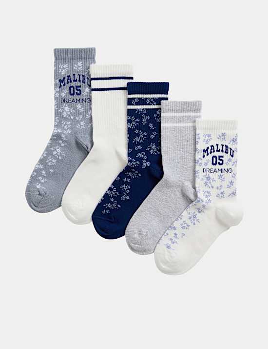 5pk Cotton Rich Ribbed Malibu Socks (6 Small - 7 Large)
