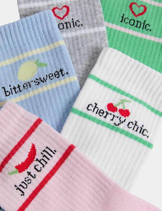 5pk Cotton Rich Ribbed Striped Slogan Socks (6 Small - 7 Large)