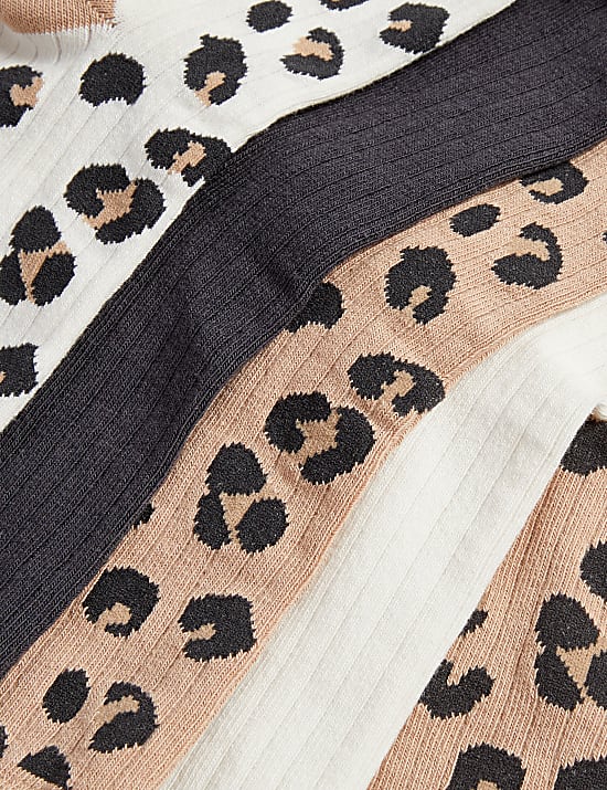 5pk Cotton Rich Leopard Ribbed Socks (6 Small - 7 Large)