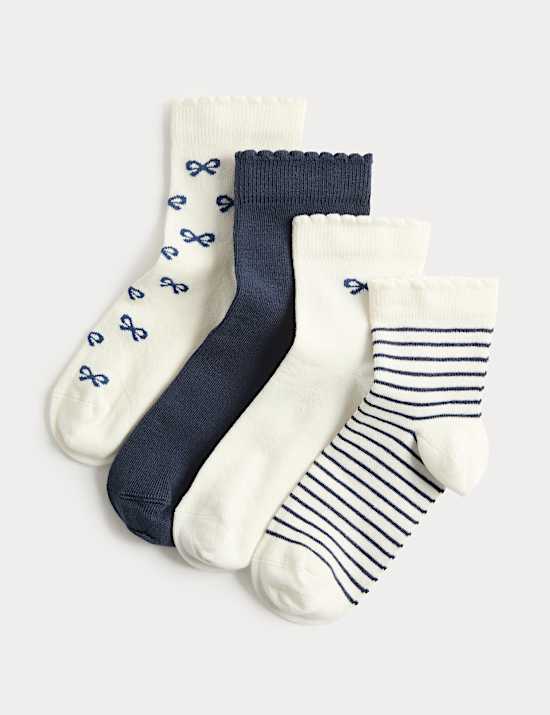 4 Pack Cotton Rich Bow & Striped Socks (6 Small-7 Large)