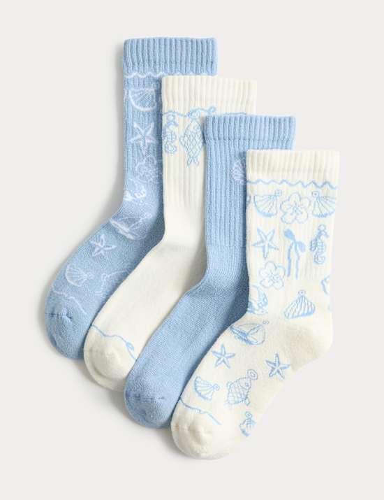 Pack de 4 pares de calcetines de algod&oacute;n con estampado de concha marina (6 peque&ntilde;o-7 grande)
