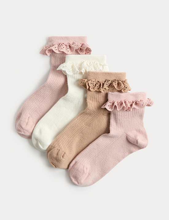 4 Pack Cotton Rich Broderie Frill Socks (6 Small-7 Large)