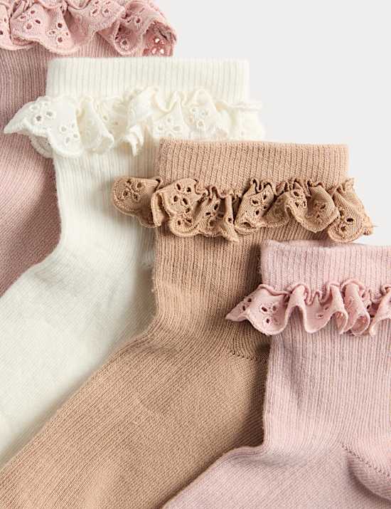 4 Pack Cotton Rich Broderie Frill Socks (6 Small-7 Large)