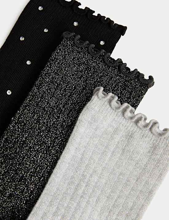 3 Pack Cotton Rich Ribbed Diamante Glitter Socks (6 Small-7 Large)