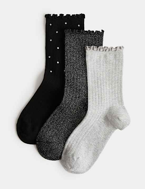 3 Pack Cotton Rich Ribbed Diamante Glitter Socks (6 Small-7 Large)