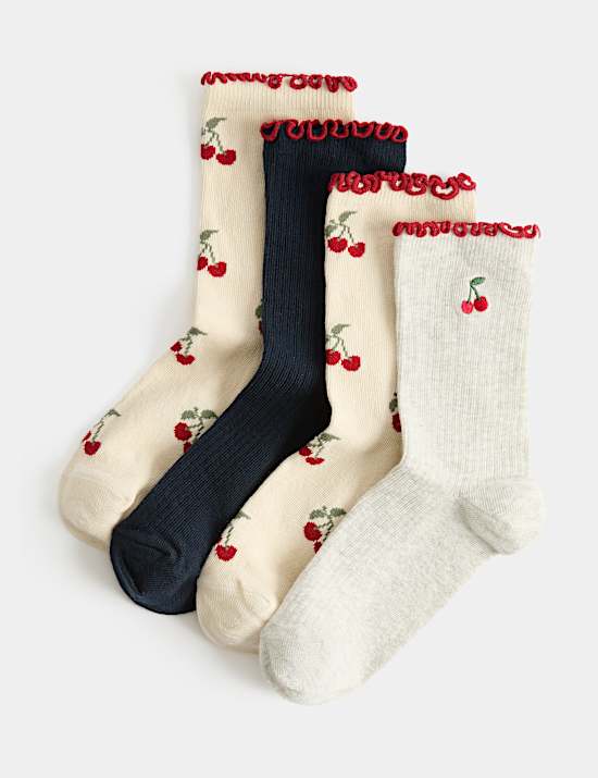 4 Pack Cherry Ribbed Socks (6 Small - 7 Large)