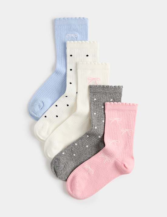 5 Pack Cotton Rich Bow Socks (6 Small-7 Large)