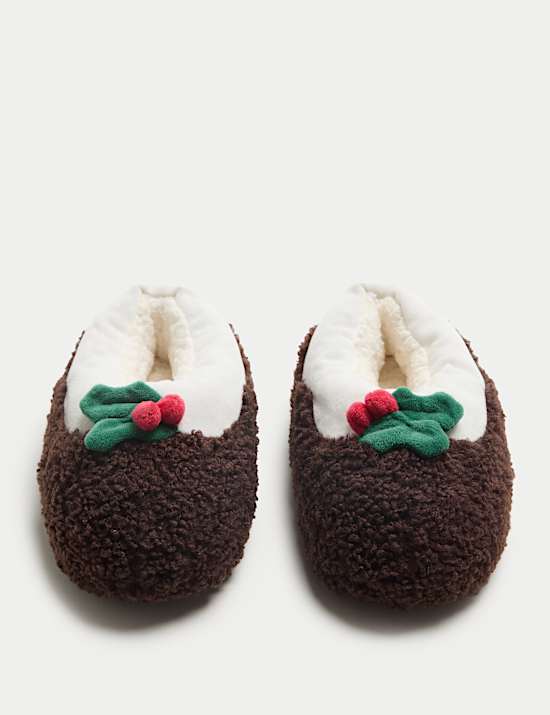 Chaussons enfants fausse fourrure à motif pudding de Noël (du 26,5 au 40,5)