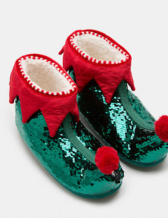 Kids' Christmas Sequin Elf Slipper Boots (10 Small-7 Large)