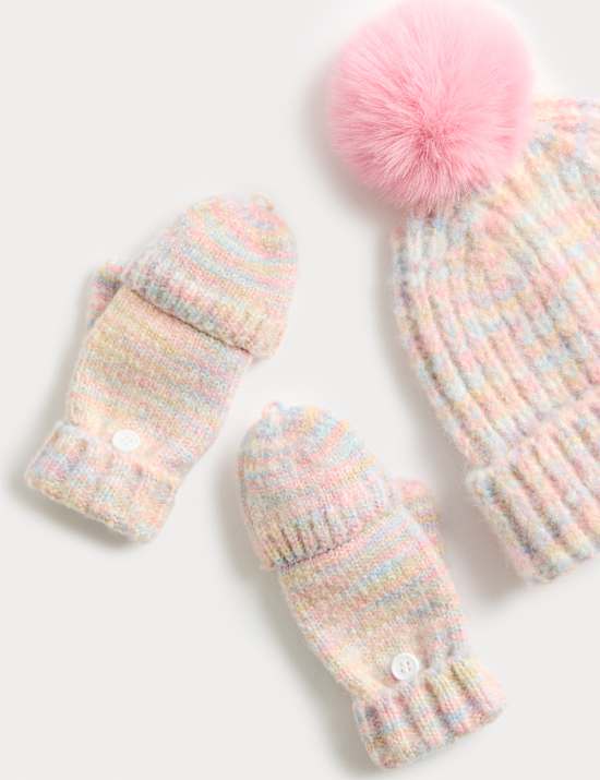 2pc Pom Pom Hat and Flip Top Gloves Set (3-13 Yrs)