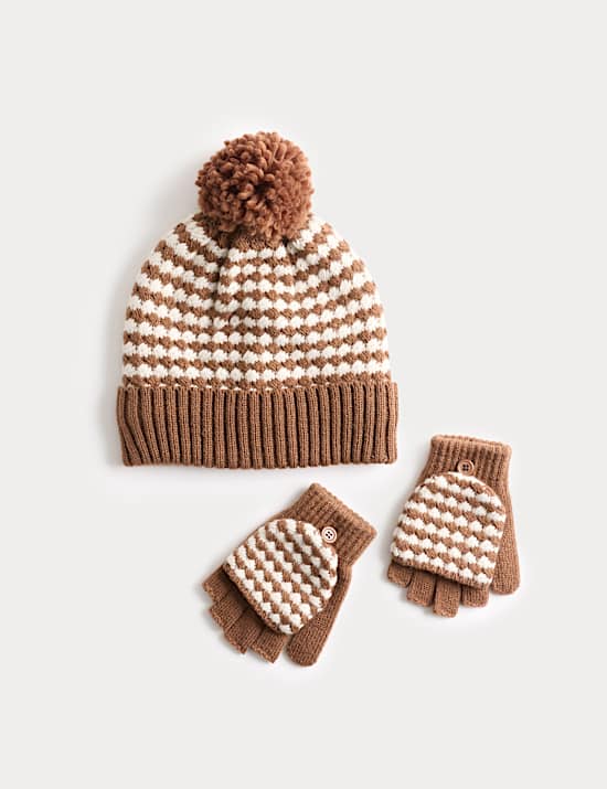 Set met geruite muts met pompon en handschoenen met vingeromslag voor kinderen (3-13 jaar)