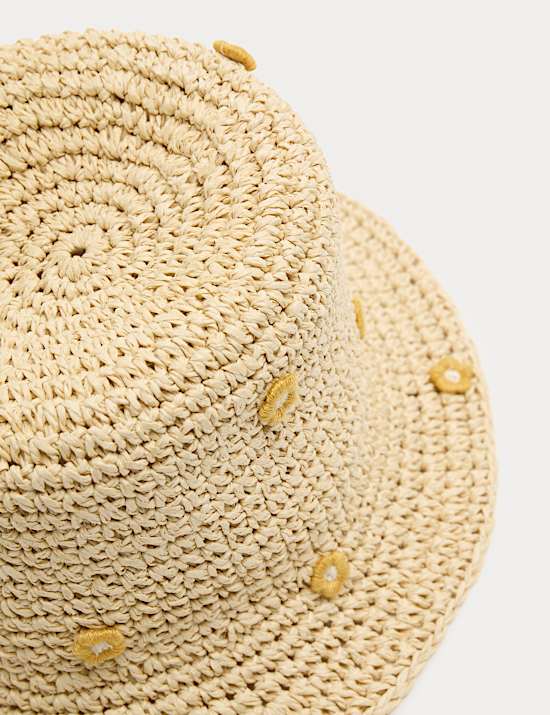 Raffia strohoed met geborduurde bloemen voor kinderen