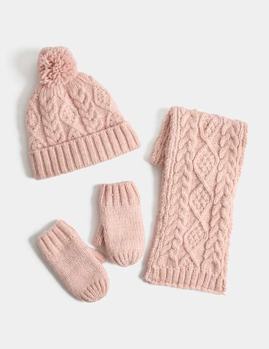 3 Pack Sparkly Cable Hat, Scarf & Glove Set