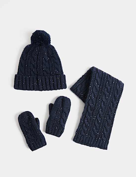 3 Pack Sparkly Cable Hat, Scarf & Glove Set
