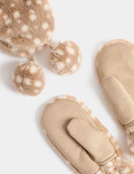 2pk Doe Print Hat & Mitten Set