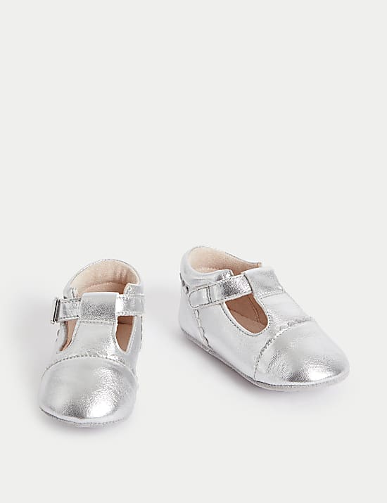 Baby Leather Metallic T-Bar Pram Shoes (0-18 Mths)