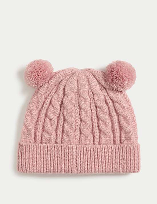 Bonnet hiver enfant en maille torsadée à double pompon (jusqu’au 3 ans)