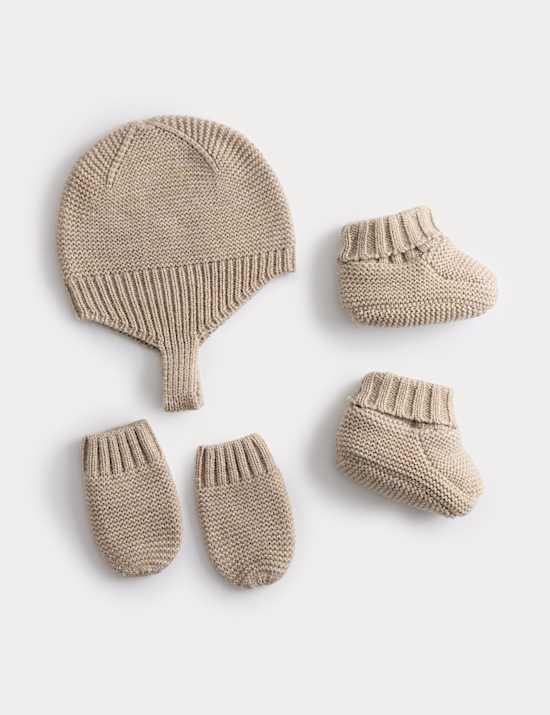 5-delige gebreide babyset met mutsje met oorwarmers (0-12 maanden)