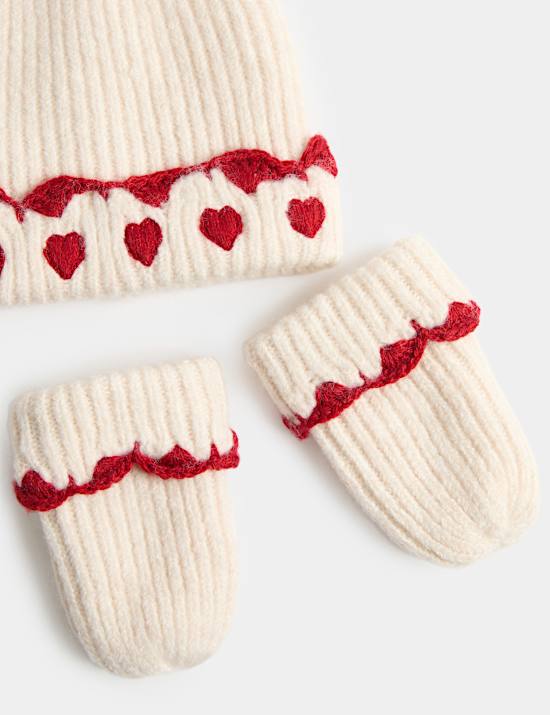 Ensemble bonnet et moufles b&eacute;b&eacute; &agrave; motif c&oelig;ur (jusqu&rsquo;au 3 ans)