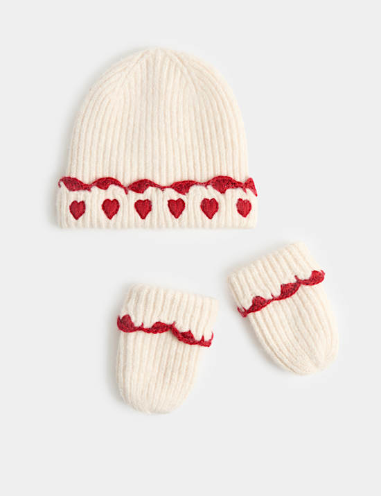Ensemble bonnet et moufles b&eacute;b&eacute; &agrave; motif c&oelig;ur (jusqu&rsquo;au 3 ans)