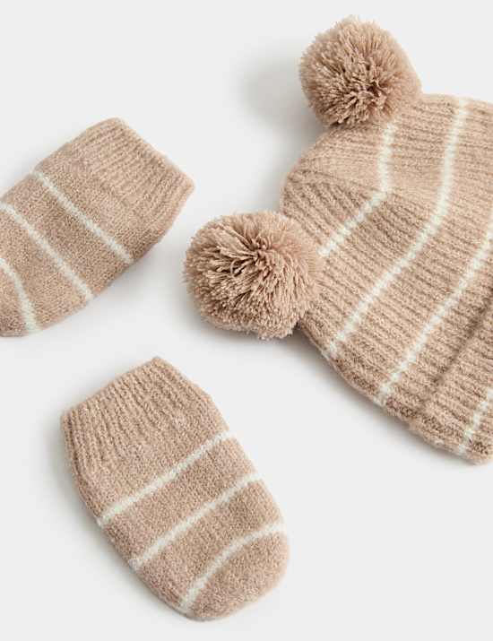 Kids' Striped Hat & MIttens Set (0-3 Yrs)