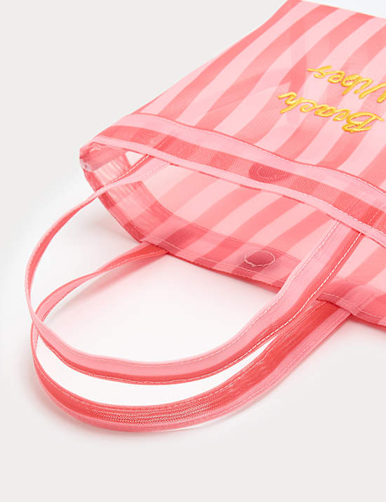 Beach Vibes Striped Mesh Tote Bag