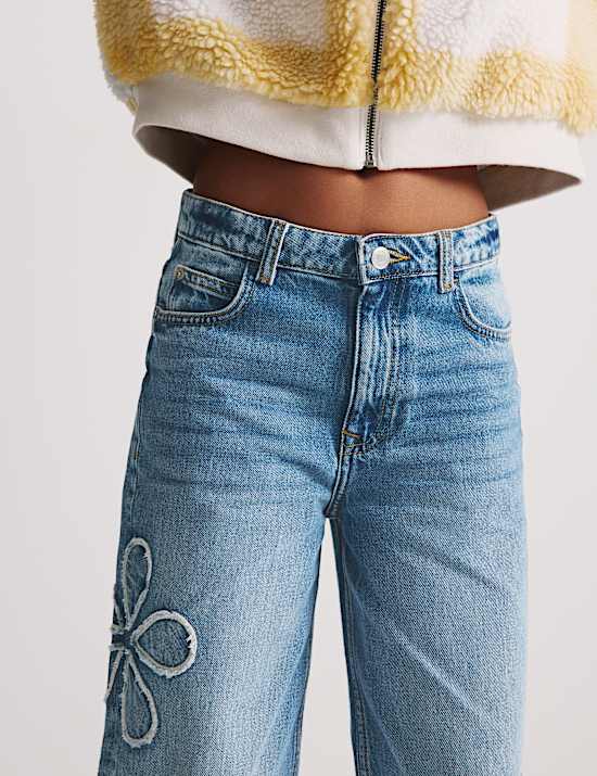 Floral Embroidered Wide Leg Denim Jeans (6-16 Yrs)