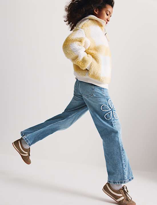 Floral Embroidered Wide Leg Denim Jeans (6-16 Yrs)