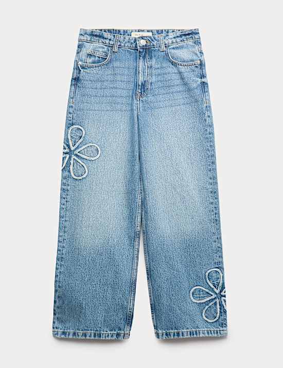 Floral Embroidered Wide Leg Denim Jeans (6-16 Yrs)