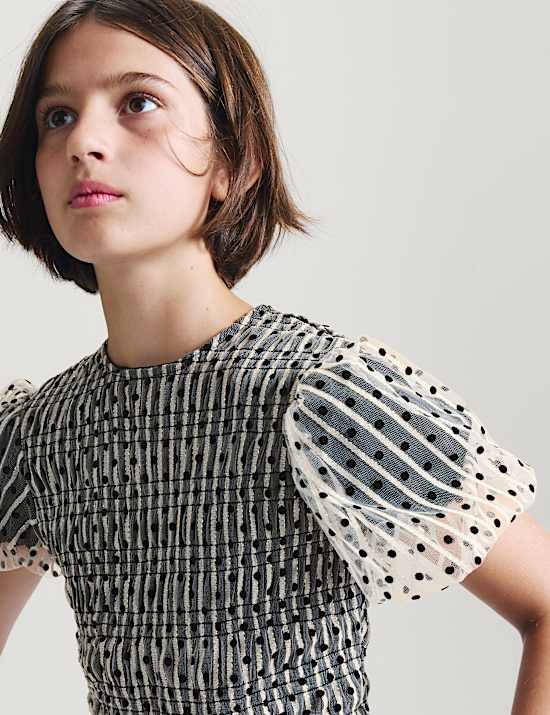 Mesh Polka Dot Puff Sleeve Top