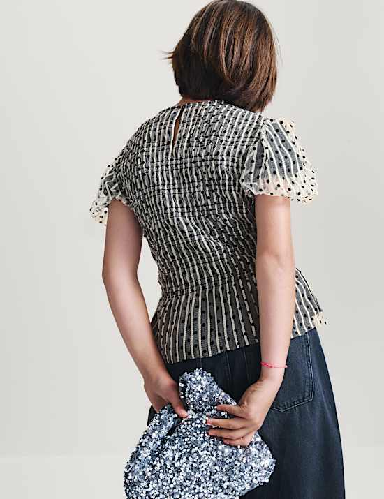 Mesh Polka Dot Puff Sleeve Top