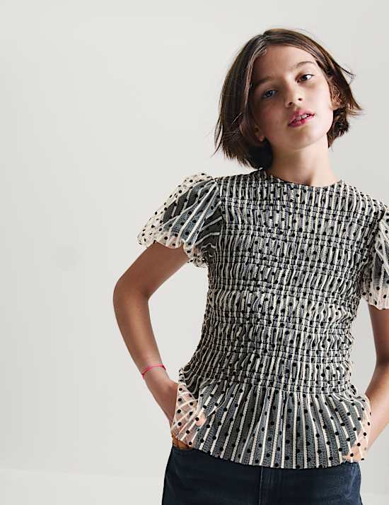 Mesh Polka Dot Puff Sleeve Top