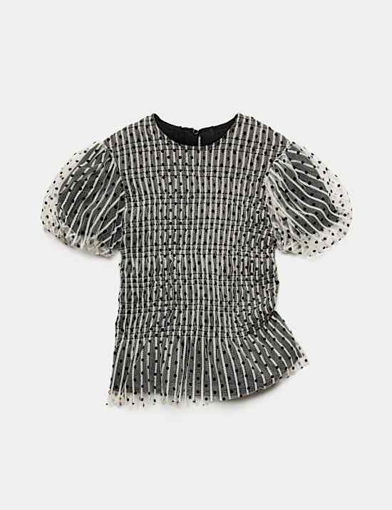 Mesh Polka Dot Puff Sleeve Top