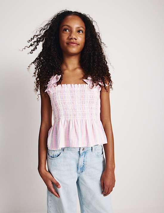 Pure Cotton Shirred Bow Top (6-16 Yrs)