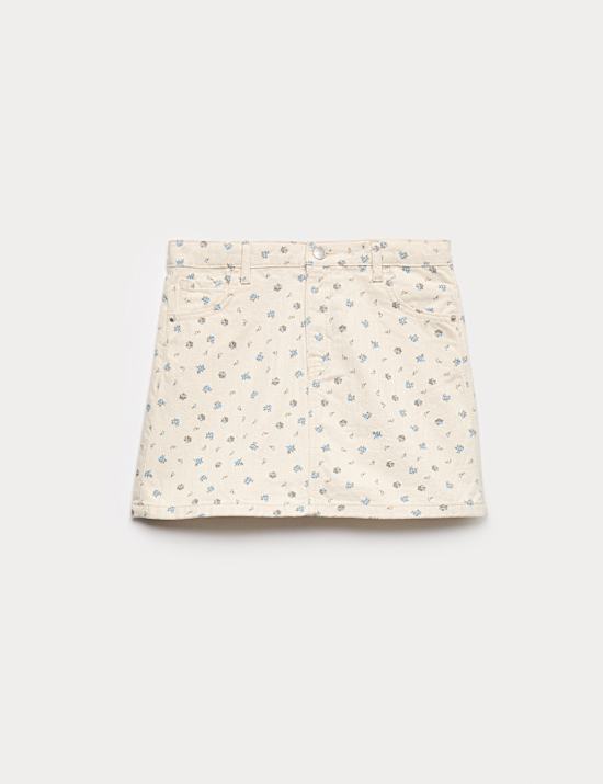 Jeansrock aus reiner Baumwolle mit Bl&uuml;mchenmuster (2&ndash;16 J.)