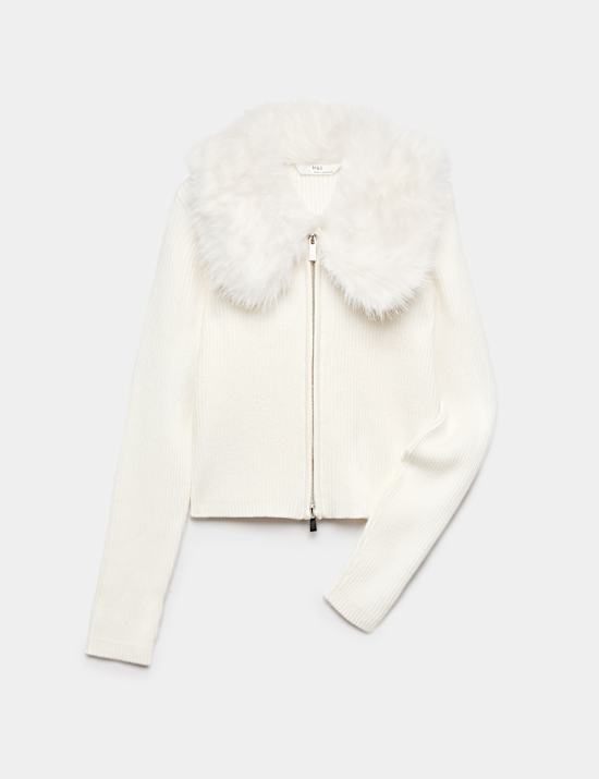 Faux Fur Collar Zip Cardigan