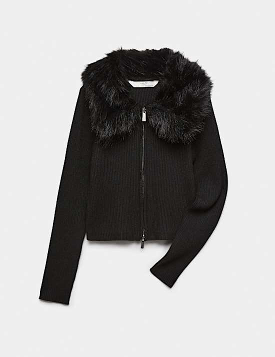 Faux Fur Collar Zip Cardigan