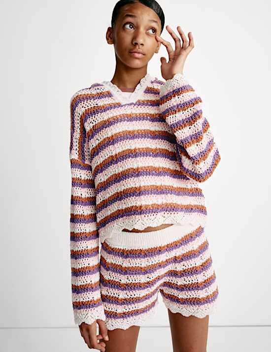 Cotton Blend Striped Knitted Hoodie (6-16 Yrs)