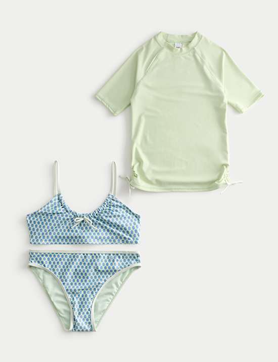 3 Piece Block Print Bikini and Rash Vest (6-16 Yrs)