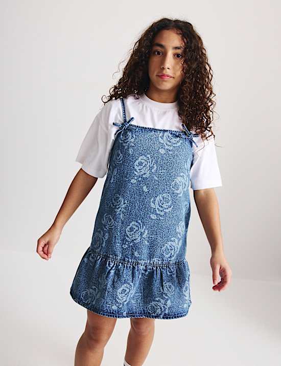 2-teiliges Outfit aus Denimkleid und Oberteil mit Bl&uuml;mchenaufdruck (2&ndash;16 J.)