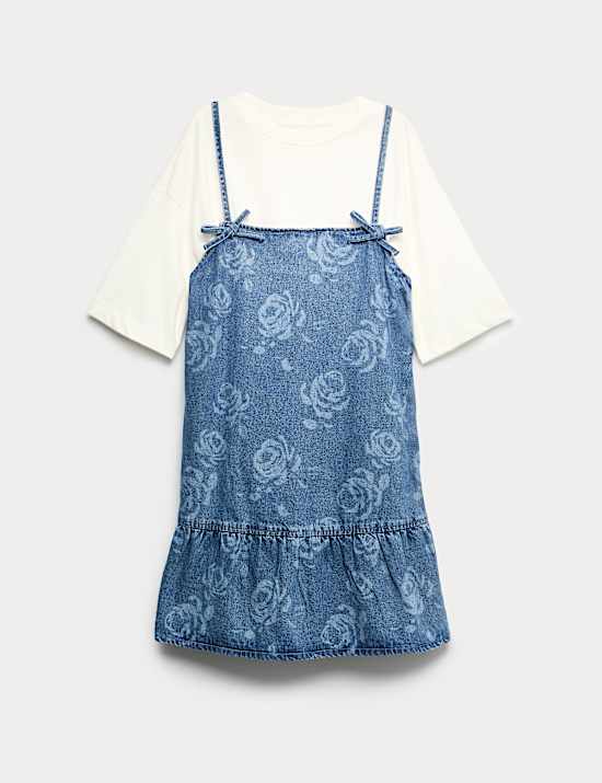 2pc Floral Print Denim Dress and Top (2-16 Yrs)